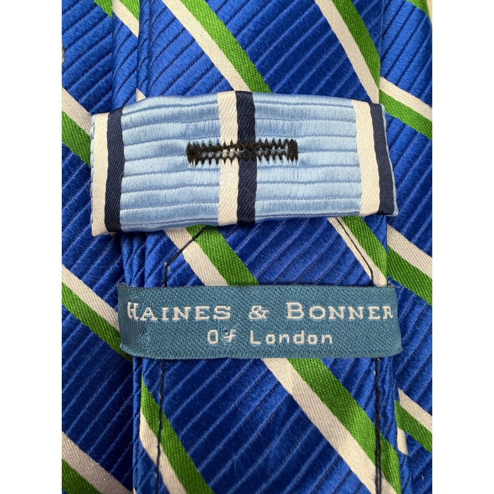 Haines & Bonner London Mens Silk Tie Blue Green White Striped Hand Made Ribbede - Picture 3 of 5